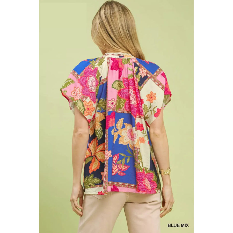 Umgee Mix Floral Patchwork Tassel Tie Top Apparel and Accessories
