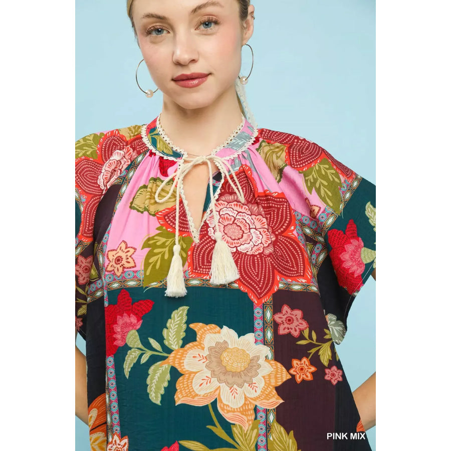 Umgee Mix Floral Patchwork Tassel Tie Top Apparel and Accessories