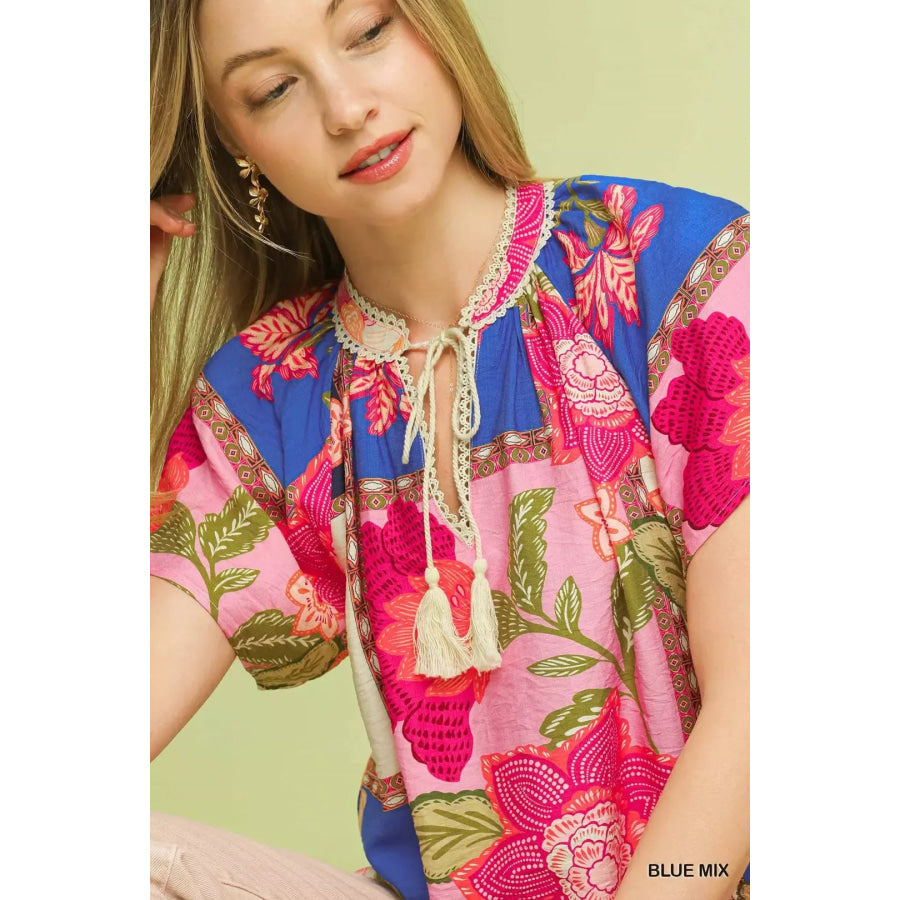 Umgee Mix Floral Patchwork Tassel Tie Top Apparel and Accessories