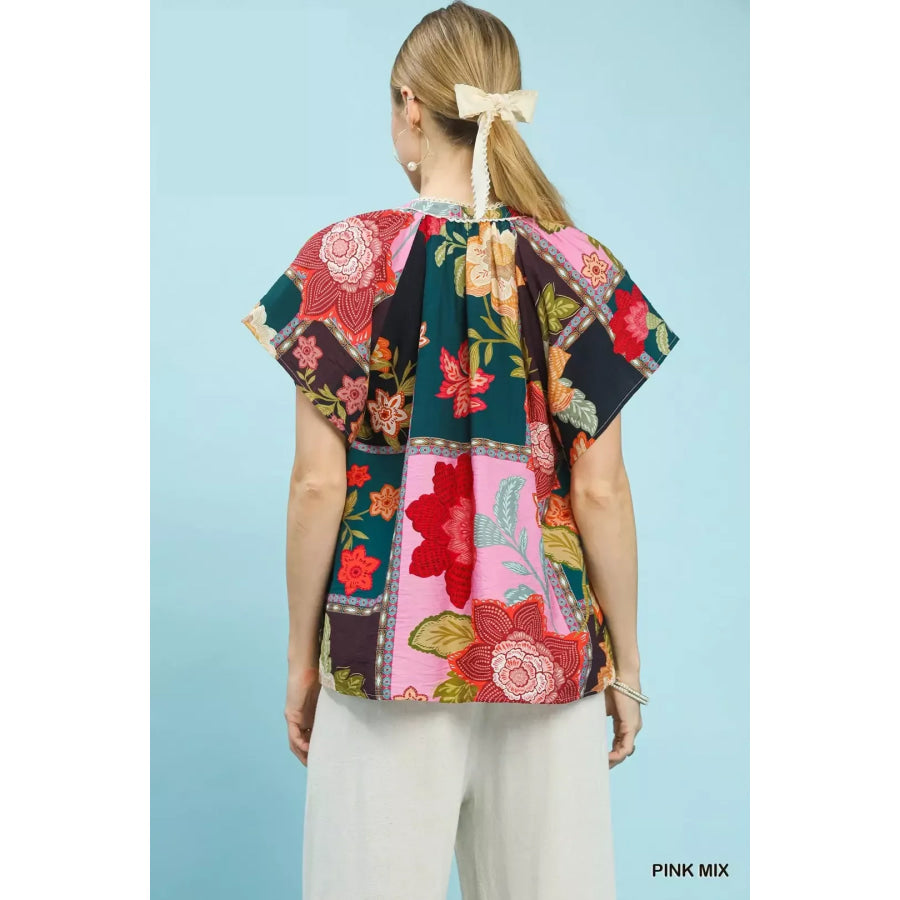 Umgee Mix Floral Patchwork Tassel Tie Top Apparel and Accessories