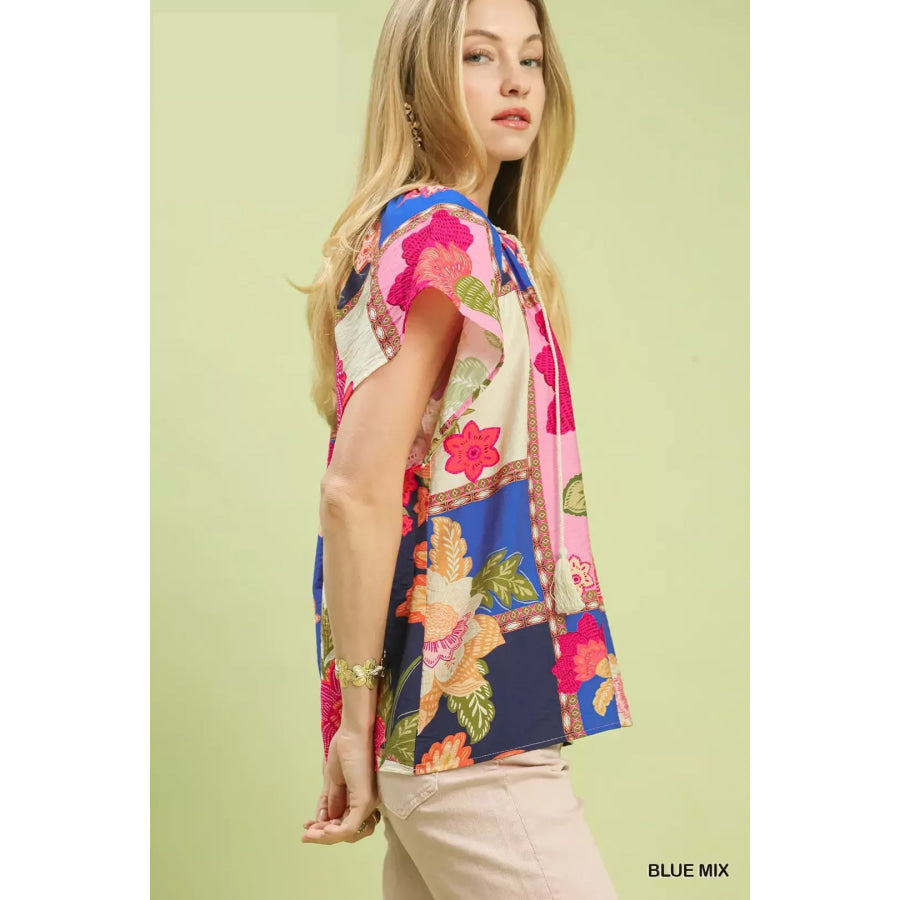 Umgee Mix Floral Patchwork Tassel Tie Top Apparel and Accessories