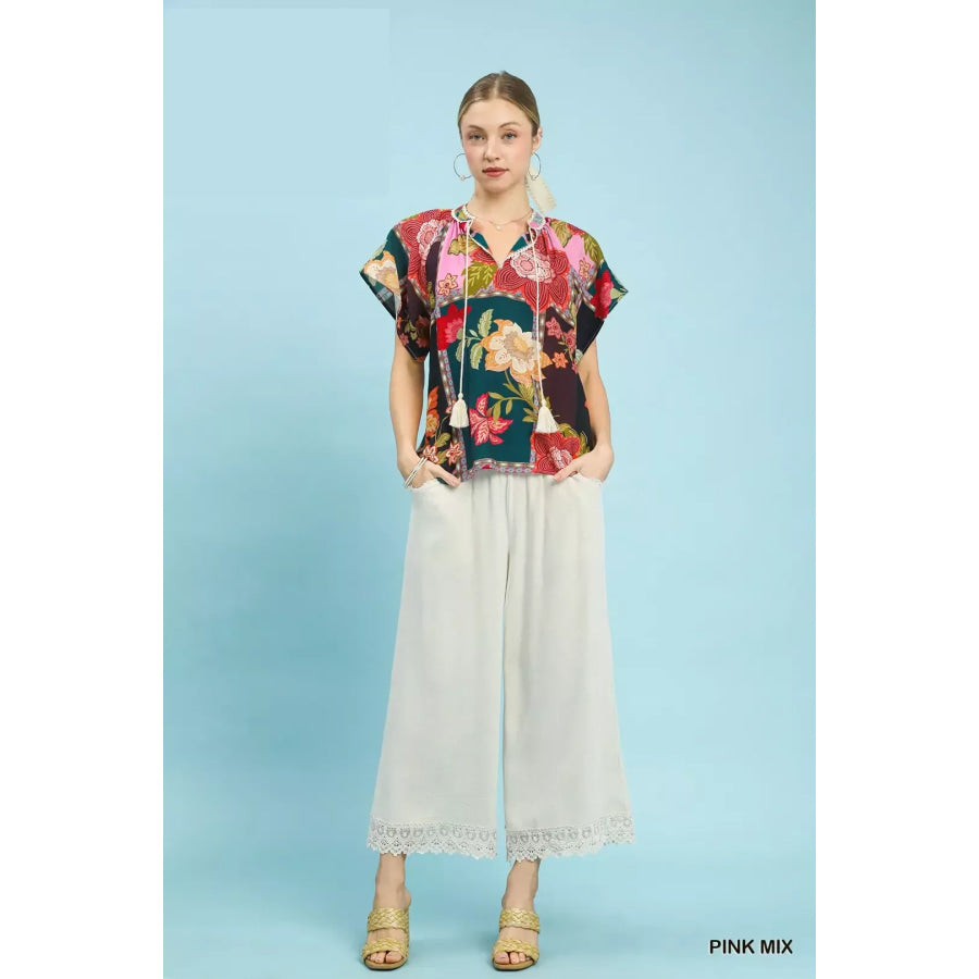 Umgee Mix Floral Patchwork Tassel Tie Top Apparel and Accessories