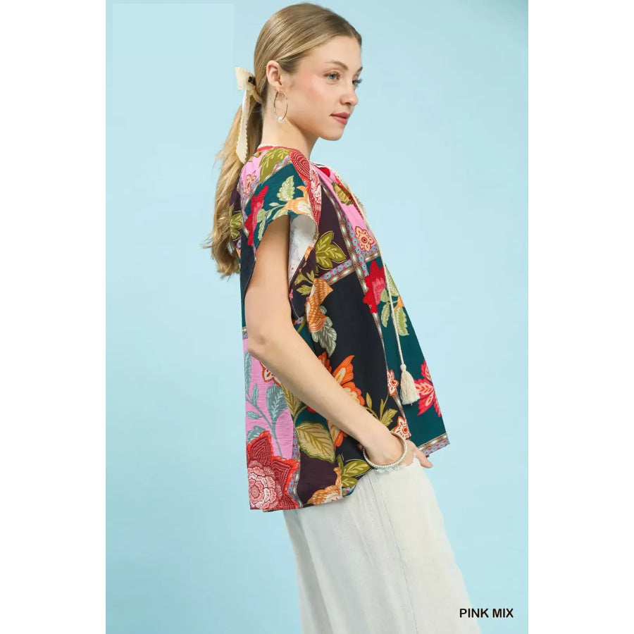 Umgee Mix Floral Patchwork Tassel Tie Top PINK MIX / S Apparel and Accessories