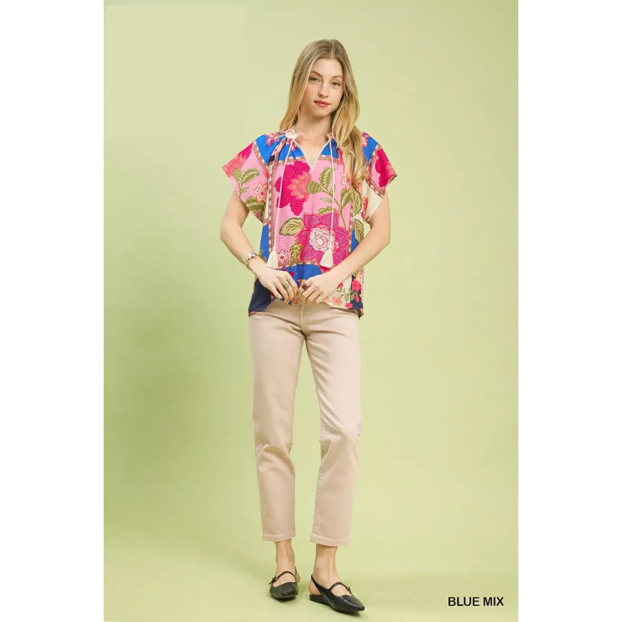 Umgee Mix Floral Patchwork Tassel Tie Top Apparel and Accessories