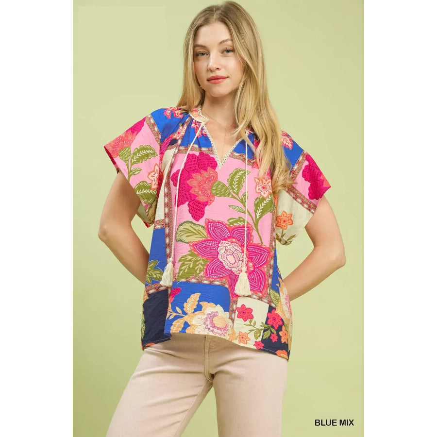 Umgee Mix Floral Patchwork Tassel Tie Top BLUE MIX / S Apparel and Accessories