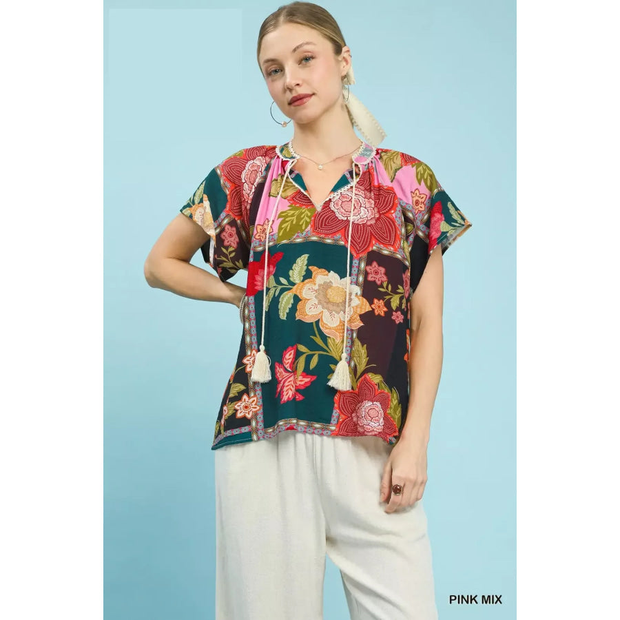 Umgee Mix Floral Patchwork Tassel Tie Top PINK MIX / S Apparel and Accessories