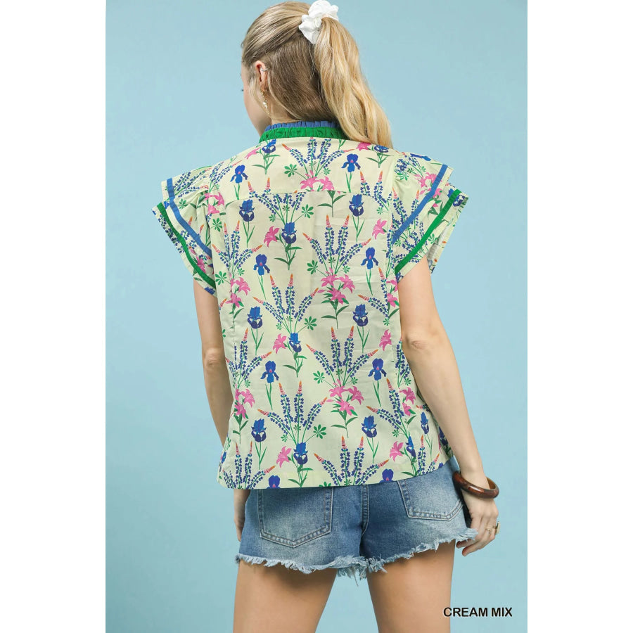 Umgee Mix Floral Print Blouse with Contrast Trim Apparel and Accessories