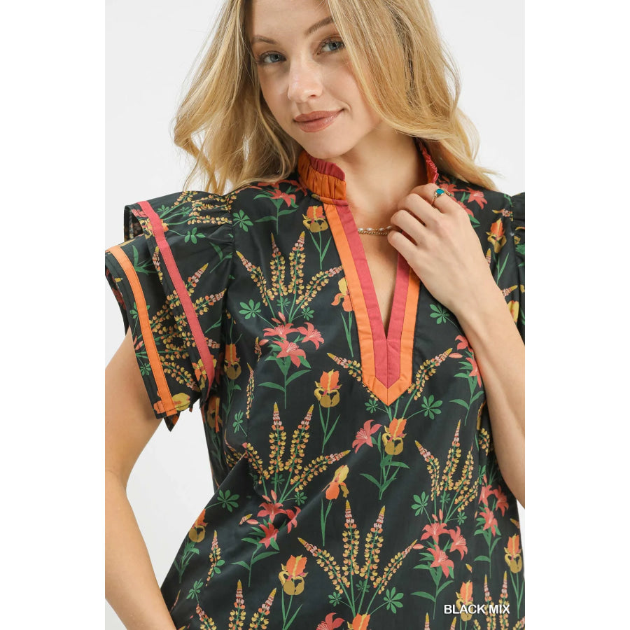 Umgee Mix Floral Print Blouse with Contrast Trim Apparel and Accessories