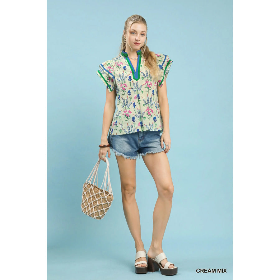 Umgee Mix Floral Print Blouse with Contrast Trim Apparel and Accessories