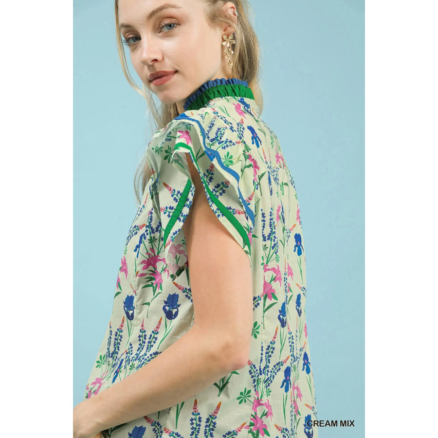 Umgee Mix Floral Print Blouse with Contrast Trim Apparel and Accessories