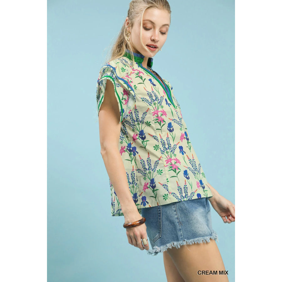 Umgee Mix Floral Print Blouse with Contrast Trim CREAM MIX / S Apparel and Accessories