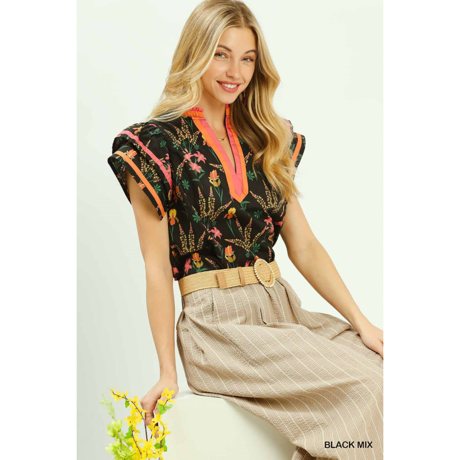 Umgee Mix Floral Print Blouse with Contrast Trim Apparel and Accessories