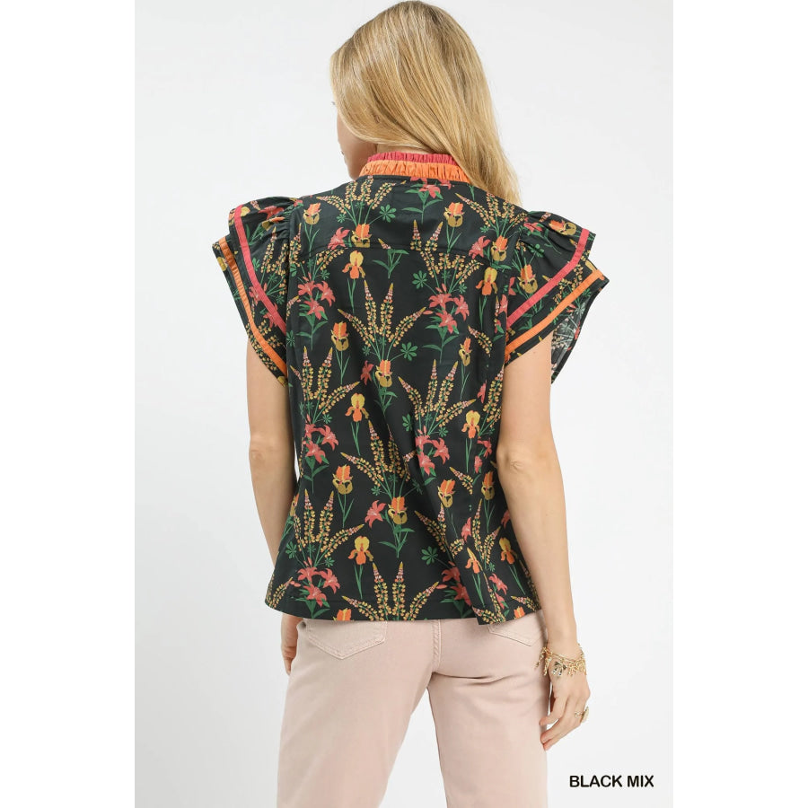 Umgee Mix Floral Print Blouse with Contrast Trim Apparel and Accessories