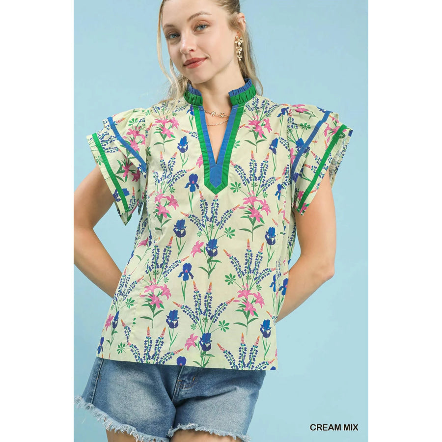Umgee Mix Floral Print Blouse with Contrast Trim CREAM MIX / S Apparel and Accessories