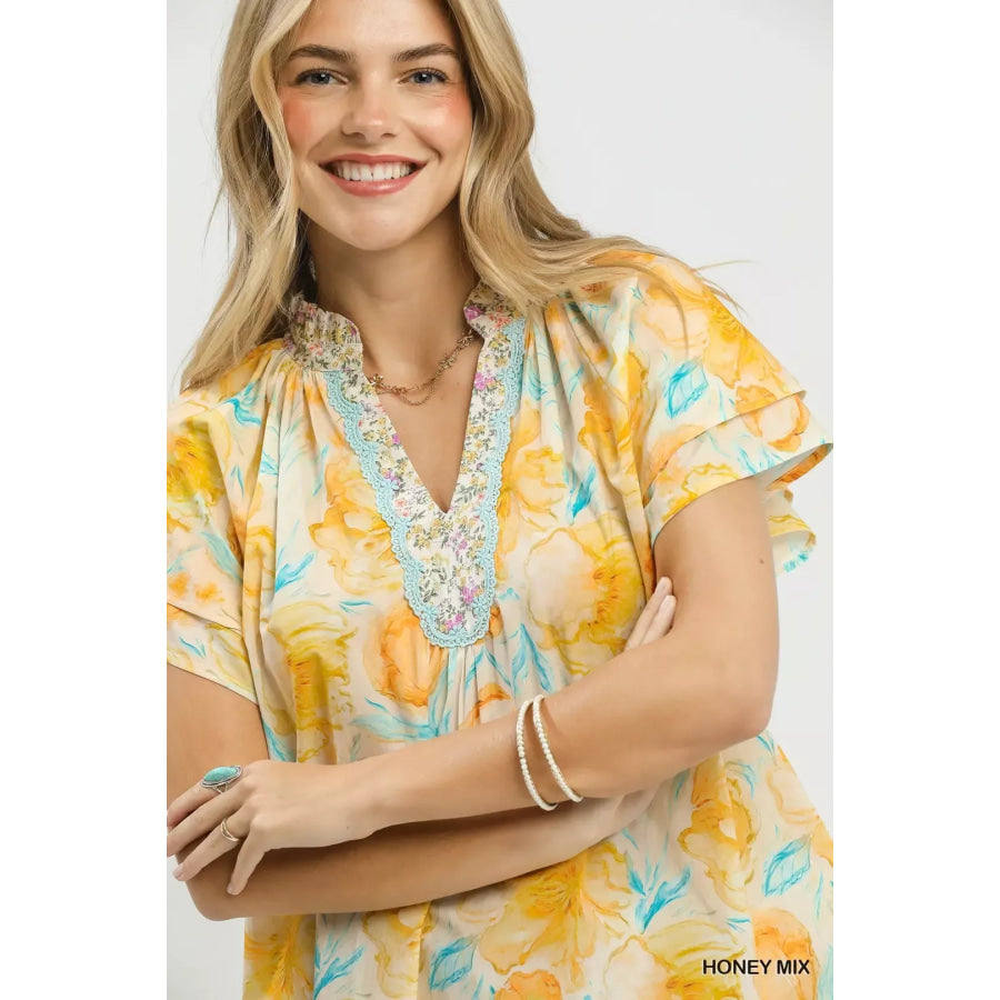 Umgee Mix Floral Print Blouse with Crochet Lace Trim Apparel and Accessories