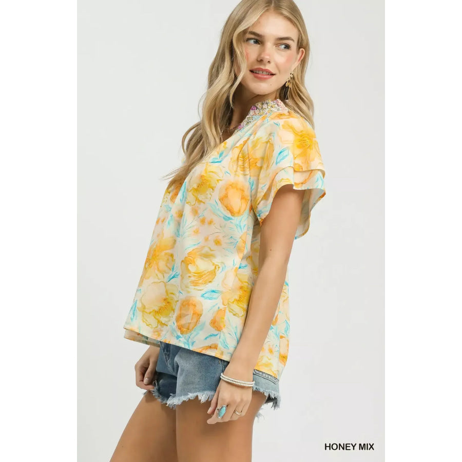 Umgee Mix Floral Print Blouse with Crochet Lace Trim HONEY MIX / S Apparel and Accessories