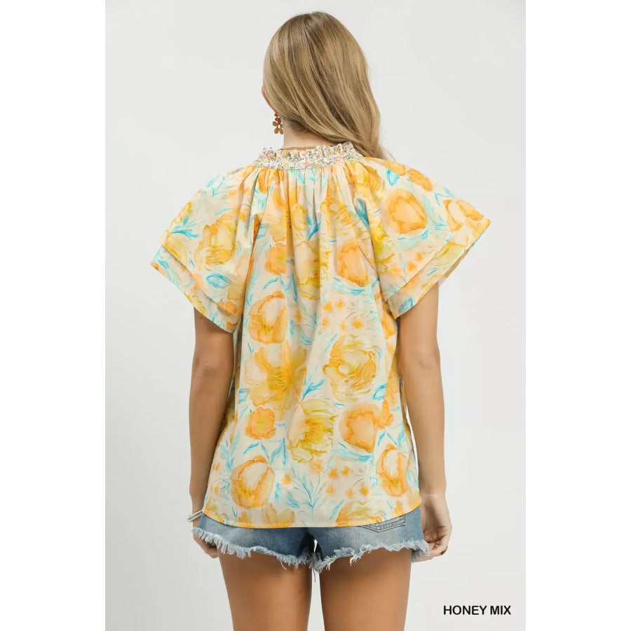 Umgee Mix Floral Print Blouse with Crochet Lace Trim Apparel and Accessories