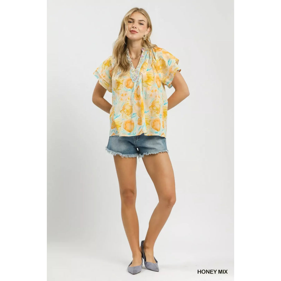 Umgee Mix Floral Print Blouse with Crochet Lace Trim Apparel and Accessories