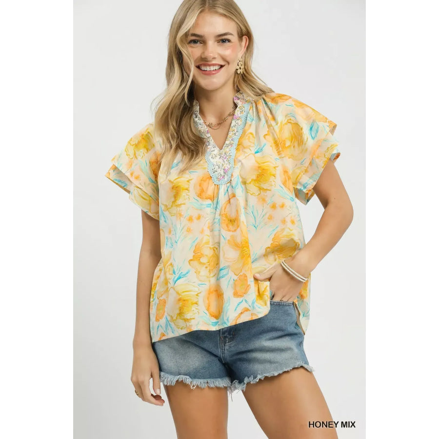 Umgee Mix Floral Print Blouse with Crochet Lace Trim HONEY MIX / S Apparel and Accessories