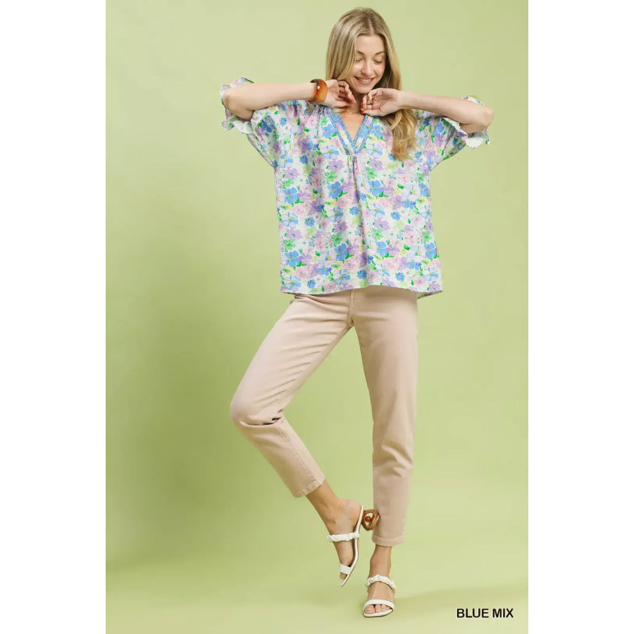 Umgee Mix Floral Print Ruffle Top Apparel and Accessories