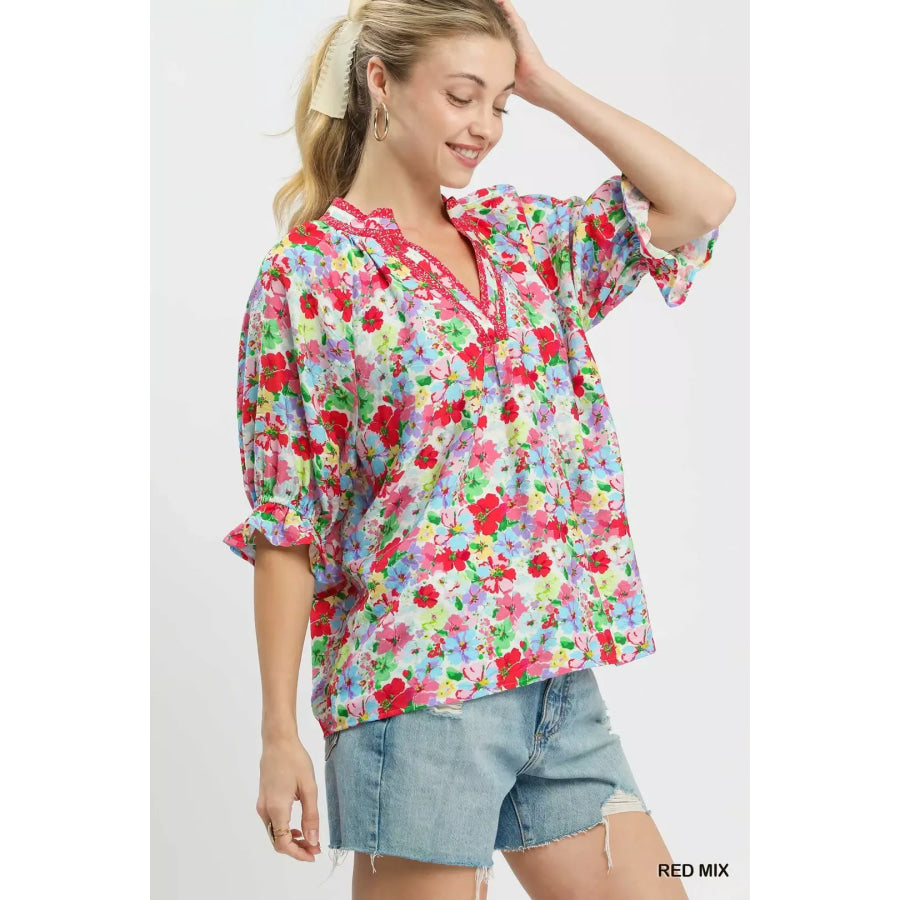 Umgee Mix Floral Print Ruffle Top Apparel and Accessories