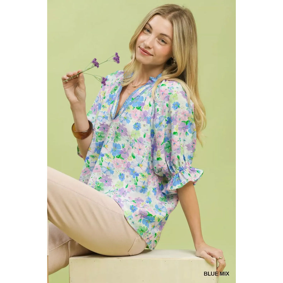 Umgee Mix Floral Print Ruffle Top Apparel and Accessories