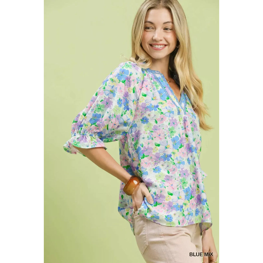 Umgee Mix Floral Print Ruffle Top BLUE MIX / S Apparel and Accessories