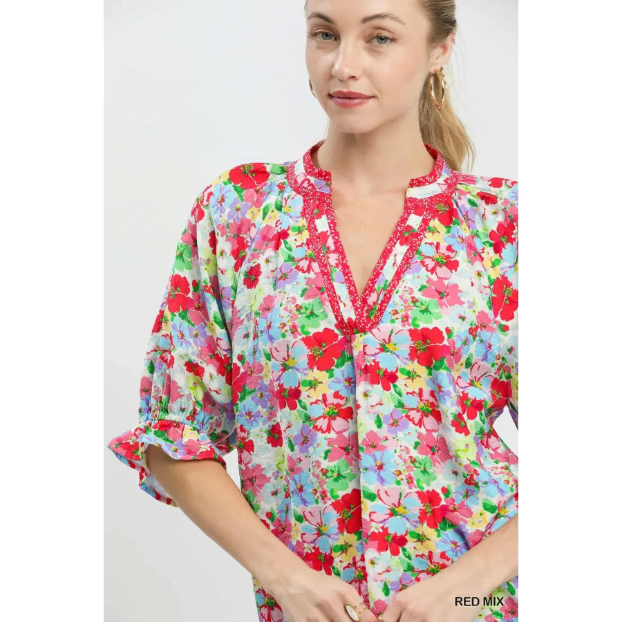 Umgee Mix Floral Print Ruffle Top Apparel and Accessories
