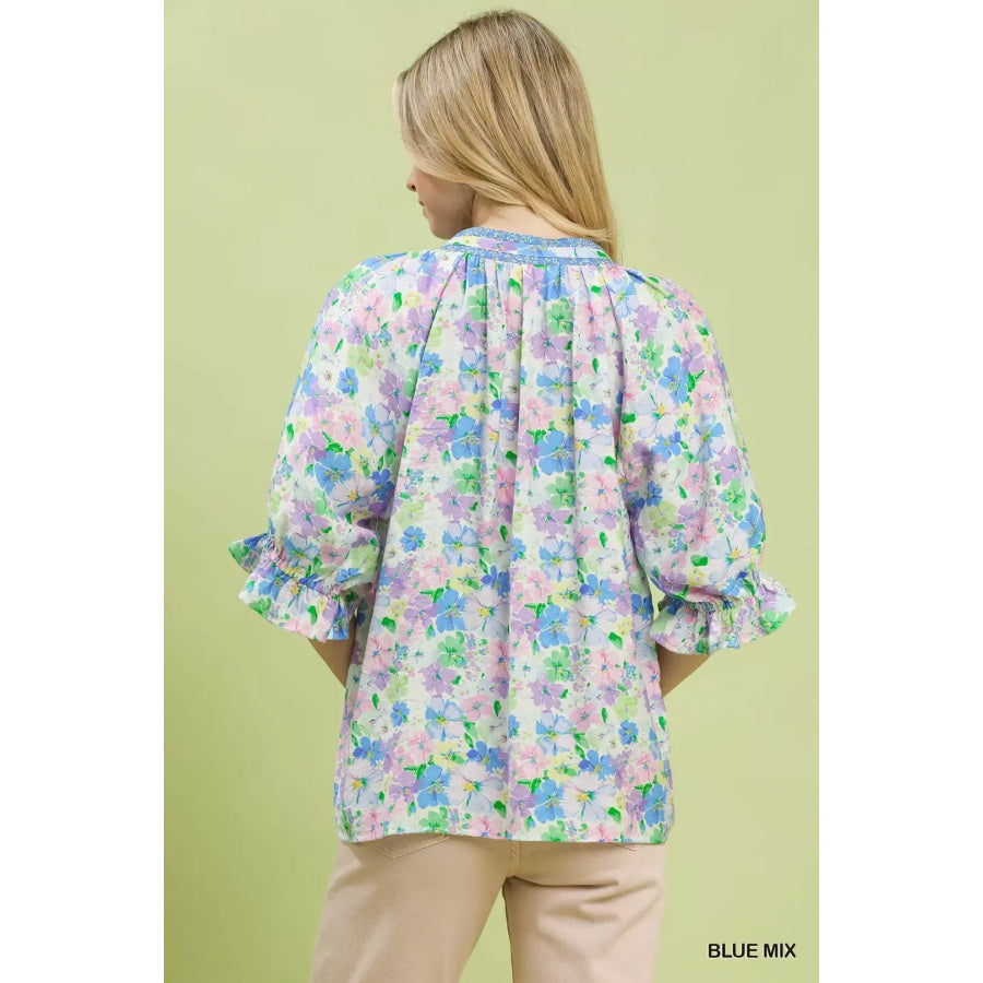 Umgee Mix Floral Print Ruffle Top Apparel and Accessories