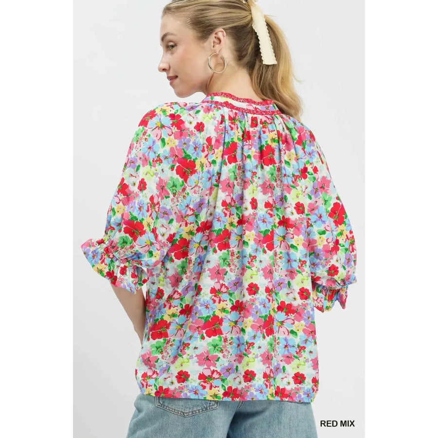 Umgee Mix Floral Print Ruffle Top Apparel and Accessories