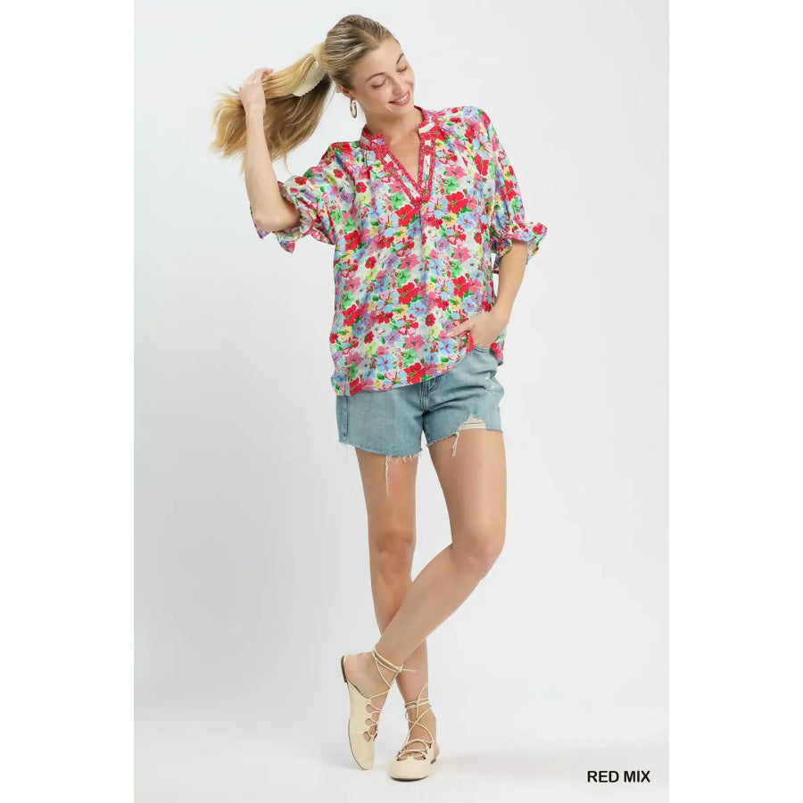 Umgee Mix Floral Print Ruffle Top Apparel and Accessories