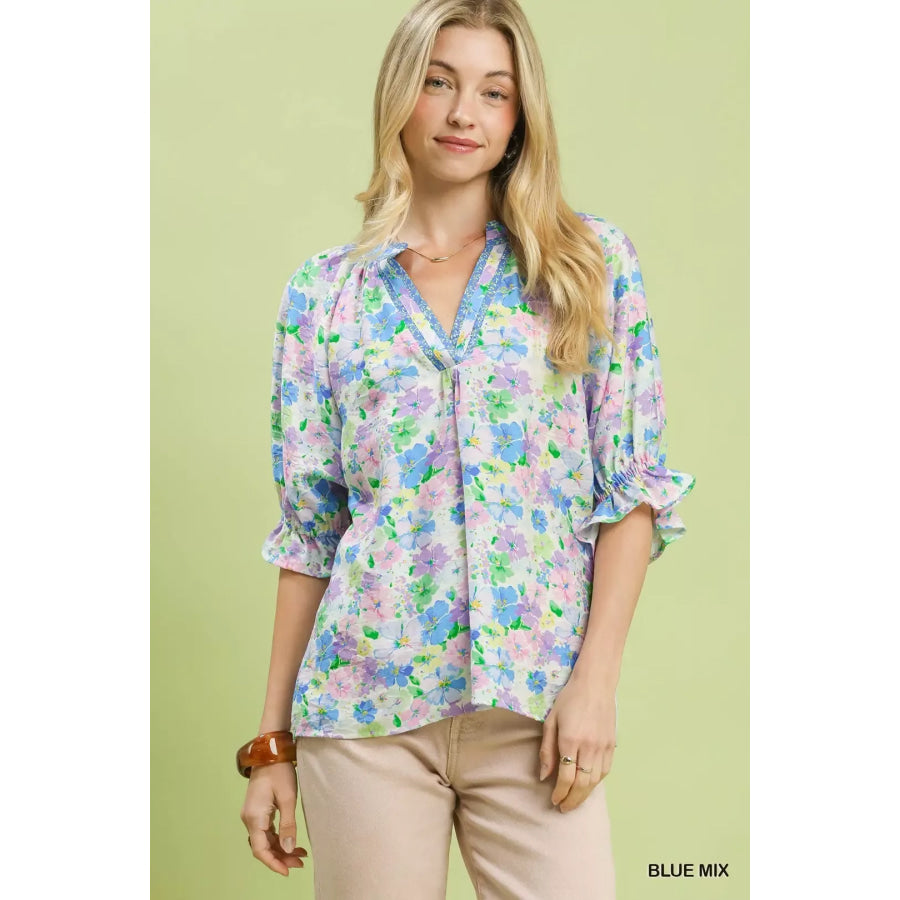 Umgee Mix Floral Print Ruffle Top BLUE MIX / S Apparel and Accessories