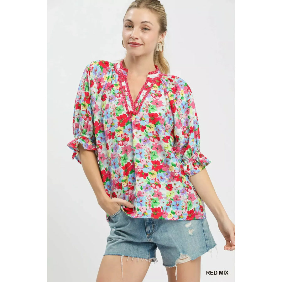 Umgee Mix Floral Print Ruffle Top RED MIX / S Apparel and Accessories