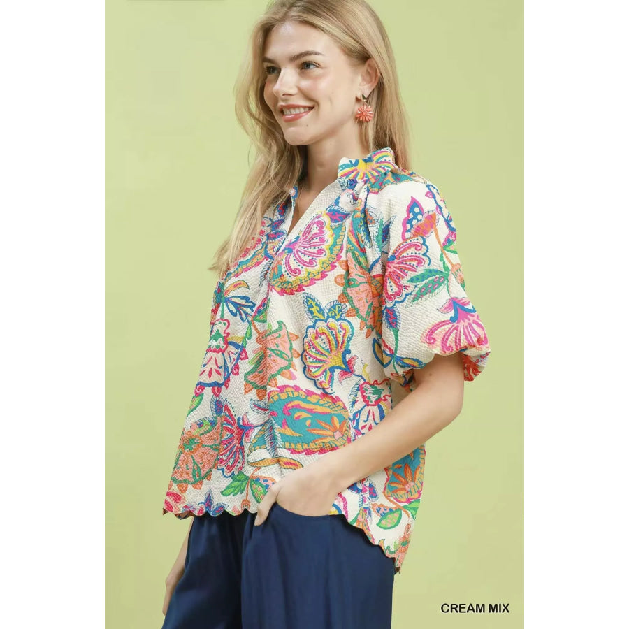 Umgee Mix Floral Print Scallop Hem Blouse Apparel and Accessories