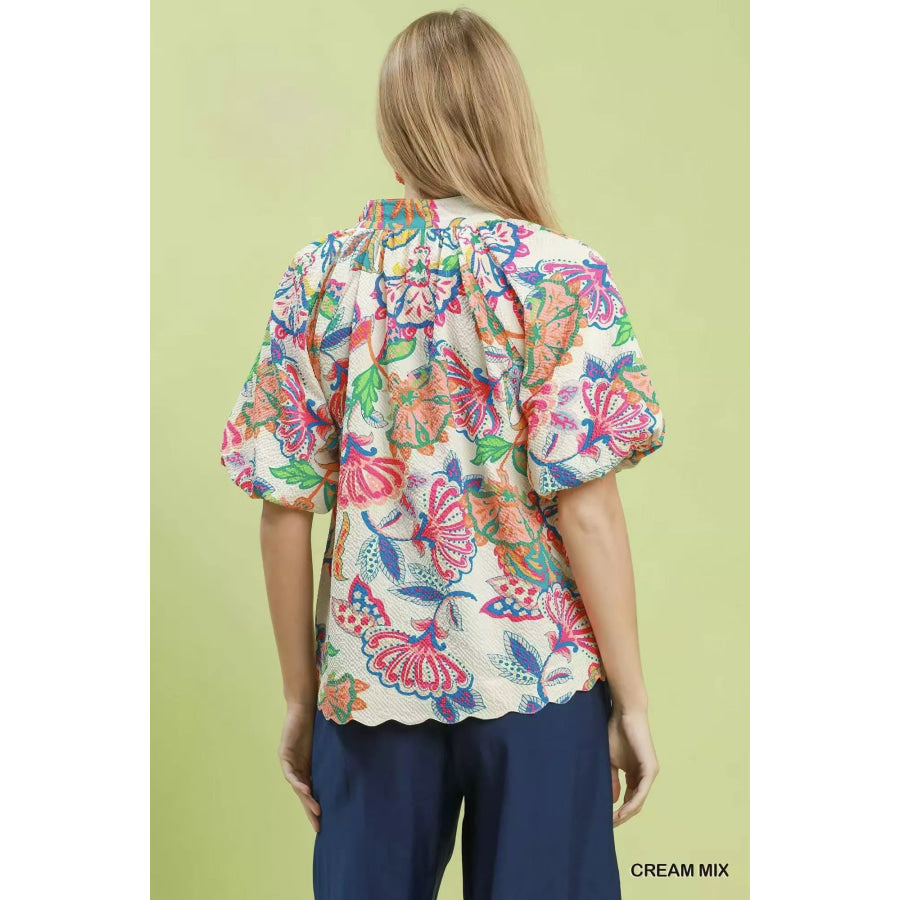 Umgee Mix Floral Print Scallop Hem Blouse Apparel and Accessories