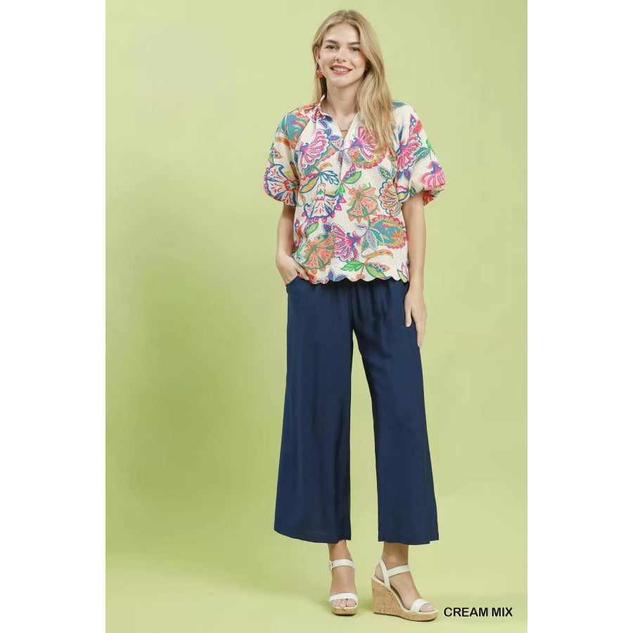 Umgee Mix Floral Print Scallop Hem Blouse Apparel and Accessories