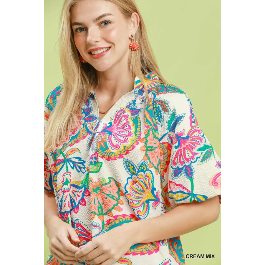 Umgee Mix Floral Print Scallop Hem Blouse CREAM MIX / S Apparel and Accessories