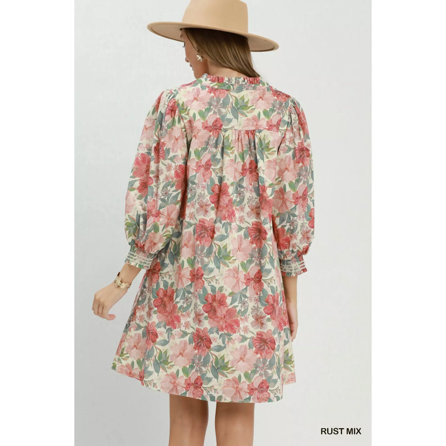 Umgee Mix Floral Print Smocked Cuff Mini Dress Apparel and Accessories