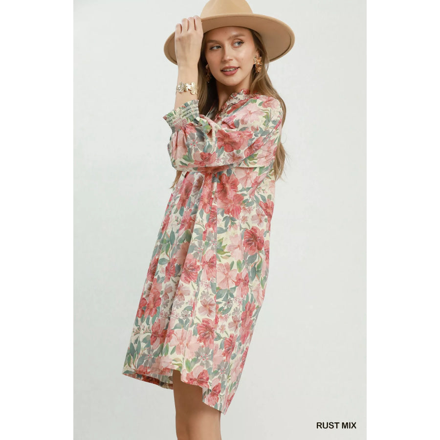 Umgee Mix Floral Print Smocked Cuff Mini Dress Apparel and Accessories