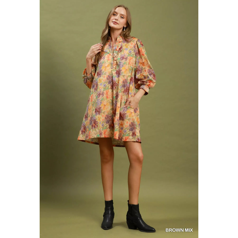 Umgee Mix Floral Print Smocked Cuff Mini Dress Apparel and Accessories