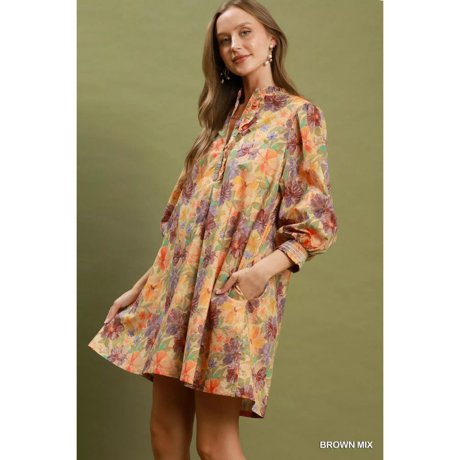 Umgee Mix Floral Print Smocked Cuff Mini Dress Apparel and Accessories
