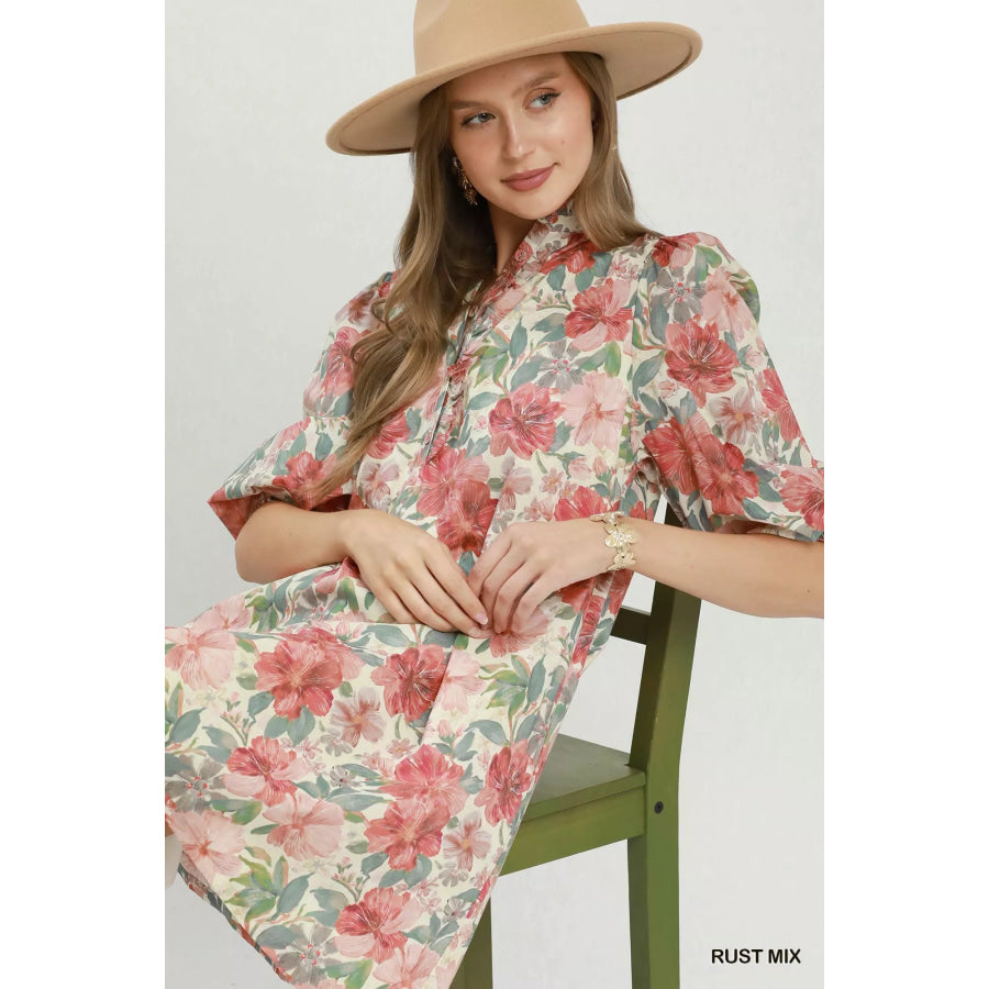 Umgee Mix Floral Print Smocked Cuff Mini Dress Apparel and Accessories