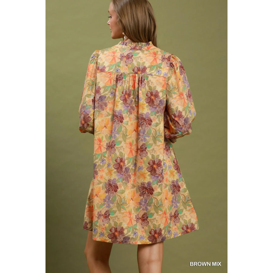 Umgee Mix Floral Print Smocked Cuff Mini Dress Apparel and Accessories