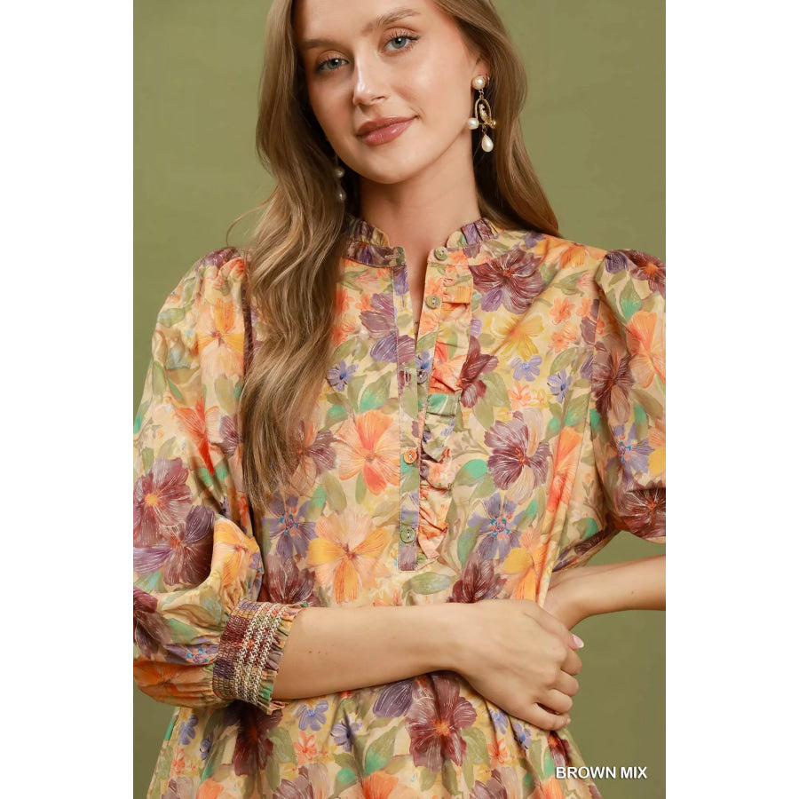 Umgee Mix Floral Print Smocked Cuff Mini Dress Apparel and Accessories