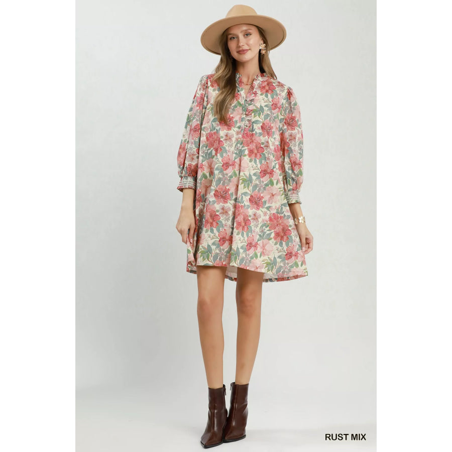 Umgee Mix Floral Print Smocked Cuff Mini Dress Apparel and Accessories