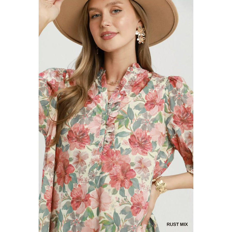 Umgee Mix Floral Print Smocked Cuff Mini Dress Apparel and Accessories