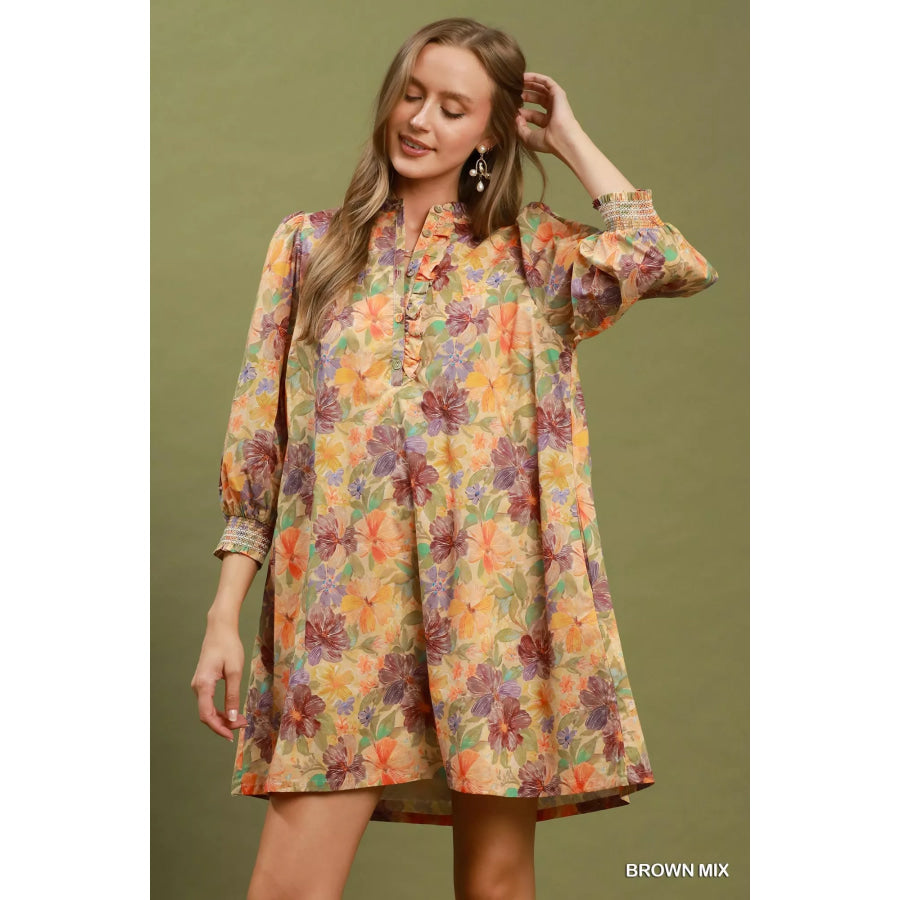 Umgee Mix Floral Print Smocked Cuff Mini Dress BROWN MIX / S Apparel and Accessories