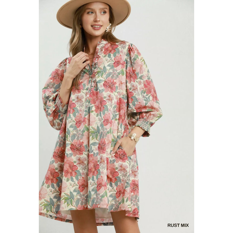 Umgee Mix Floral Print Smocked Cuff Mini Dress RUST MIX / S Apparel and Accessories