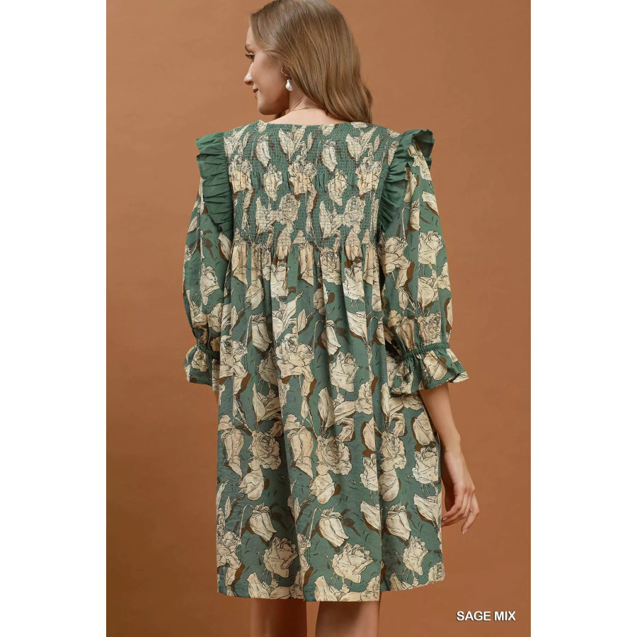 Umgee Mix Floral Print Smocked Ruffle Detail Flowy Dress Apparel and Accessories