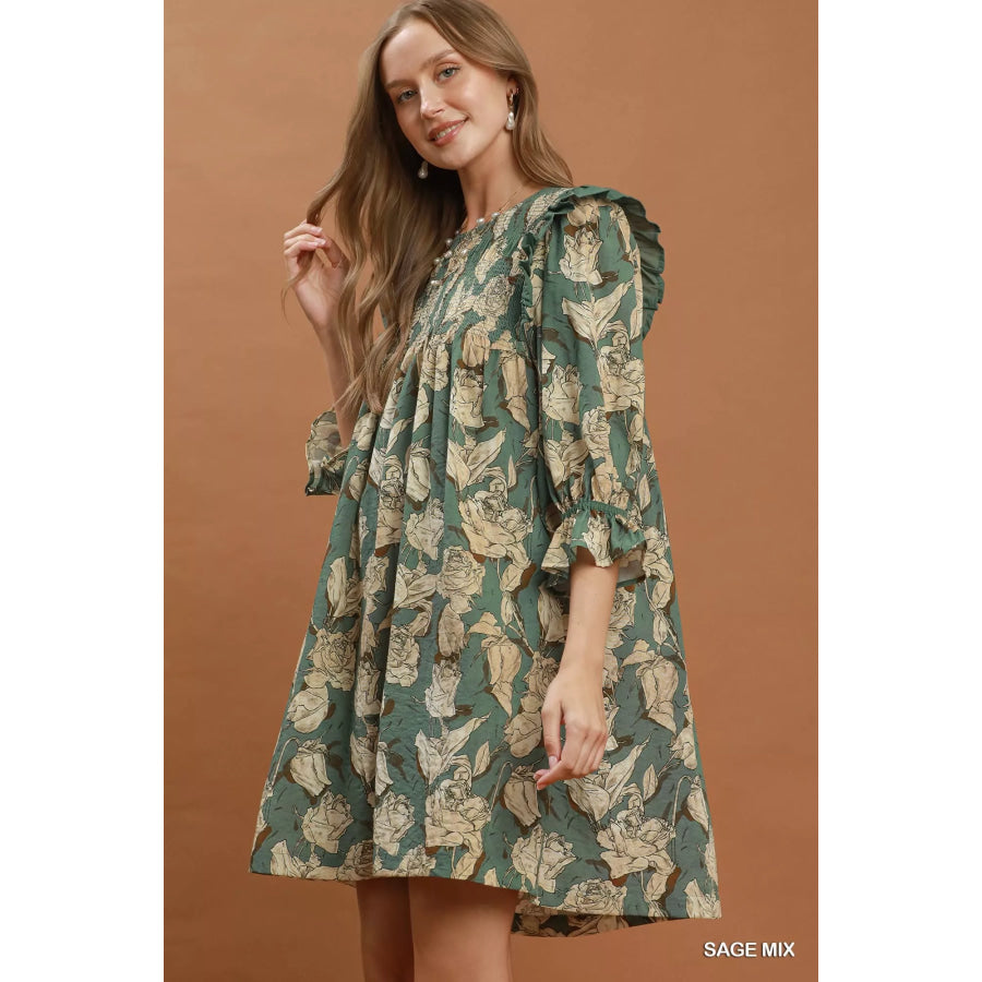 Umgee Mix Floral Print Smocked Ruffle Detail Flowy Dress Apparel and Accessories